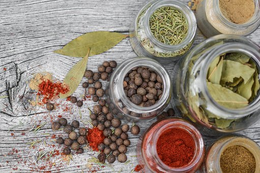 Kitchen spices and herbs on a table pantry items at Indigo Mountain